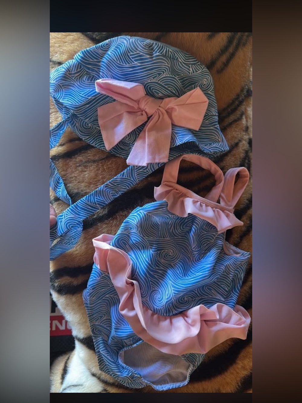 Girls Blue Wave Print Swim Set with Pink Ruffle Bow